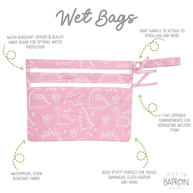 BapronBaby Dino Friends Blush Wet Dry Bag - Waterproof Two Zipper Pockets - Reusable for Mealtime, Diapers, Stroller, Snacks, Swimsuits - Machine Washable - 11" x 9"