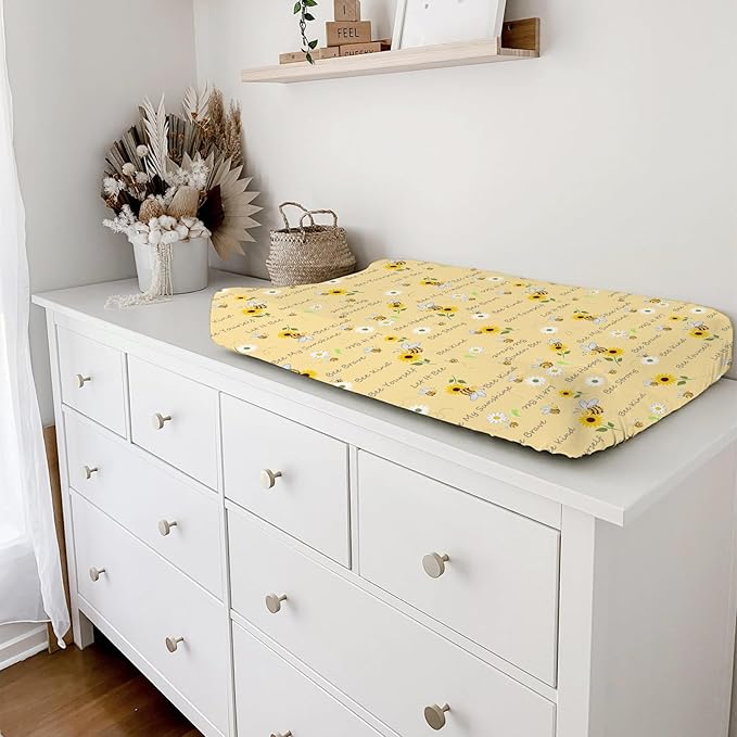 Watercolor Bees Boho Sunflowers Leaves Baby Changing Pad Covers for Boy Girl 32''x16'' Bees Retro Floral Fitted Changing Pad Sheets Bees Soft Diaper Change Table Mats (Yellow, one Size)