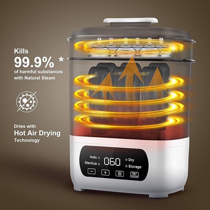 AMZBABYCHEF Baby Bottle Steamer and Dryer, Electric Steamer and Dryer for Baby Bottles, 4-in-1 Bottle Steamer and Dryer, Universal Fit for All Bottles, LED Touch Screen, Auto Shut-Off