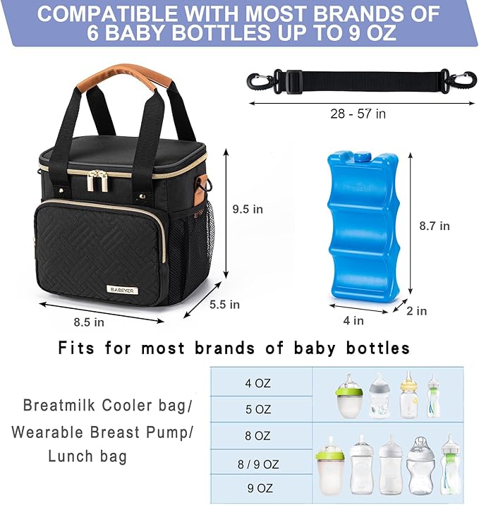 Breastmilk Cooler Bag with Ice Pack Fits 6 Baby Bottles up to 9 Ounce, Breast Milk Pump Cooler Bag for Nursing Mom Daycare, Work, Travel-Black