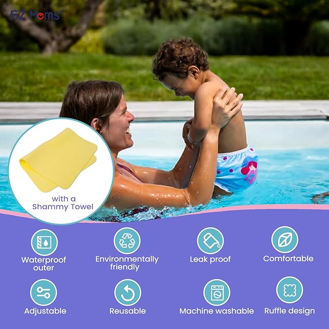 EZ Moms Baby Swim Diapers Reusable 2Pcs Large Size Snap Adjustable Washable One Size Toddler Swim Diaper with a Shammy Towel for Baby Girl Water Diaper Waterproof Swimming Diapers for Swimming Lessons