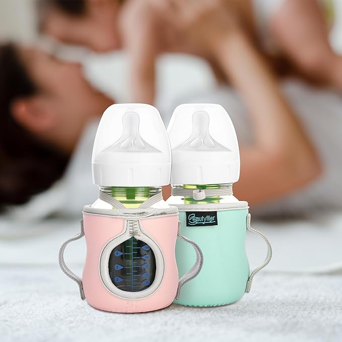 Beautyflier Glass Baby Bottle Sleeve Covers for Dr. Brown's Natural Flow Anti-Colic Wide-Neck Glass Baby Bottles, 3.3mm Thicken Heat and Cold Retention Baby Bottle Sleeve (Pink + Green, 5oz/150 mL)