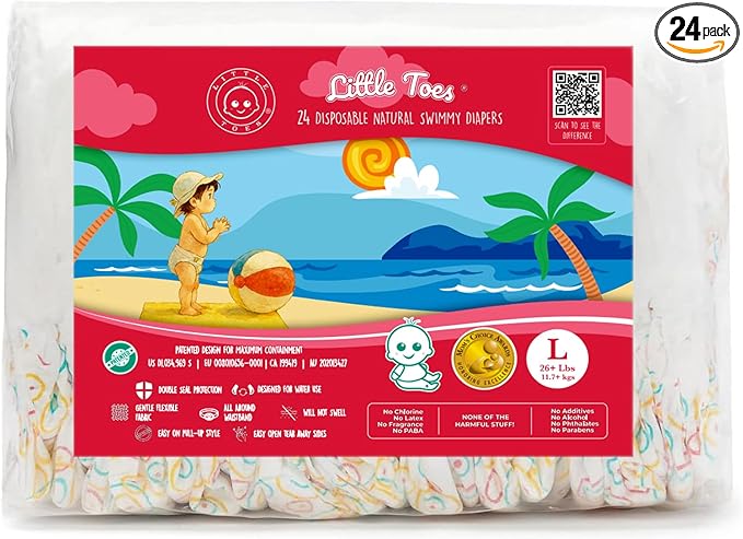 Little Toes Premium Natural Disposable Swim Diapers, Size 5 Large (26+ lbs) (24 Count) | Baby Disposable Swim Diapers | Hypoallergenic, Chlorine & Fragrance-Free | Gentle on Sensitive Skin