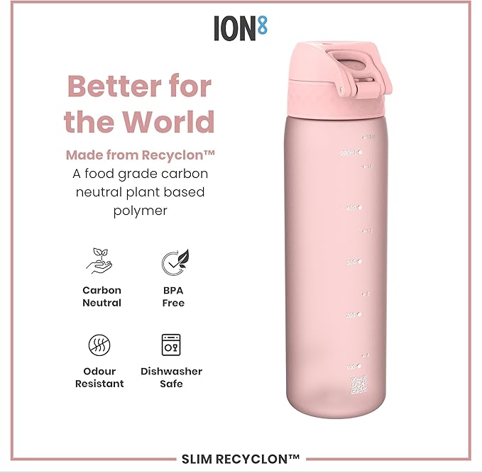 ION8 Water Bottle, 500 ml/18 oz, Leak Proof, Easy to Open, Secure Lock, Dishwasher Safe, BPA Free, Hygienic Flip Cover, Carry Handle, Fits Cup Holders, Easy Clean, Odor Free, Carbon Neutral, Rose Pink