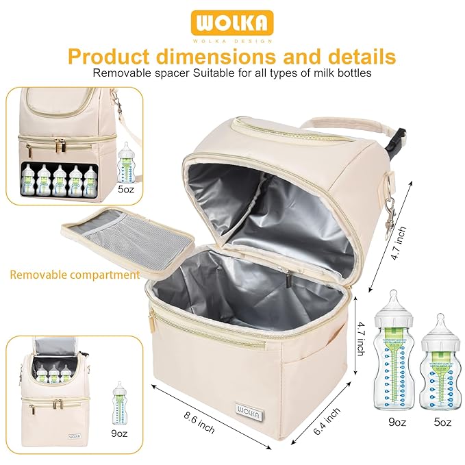Wolka Breast Milk Cooler Travel Bag - Baby Bottle Cooler Bag for Nursing Moms Daycare with Double Compartments - Fits 6 Baby Bottles Up to 9 Ounce