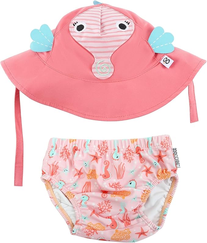 ZOOCCHINI Baby & Toddler Sun Hat & Reusable Swim Diaper Set, UPF 50+ Protection, Chlorine and Salt Water Resistant for Beach and Pool