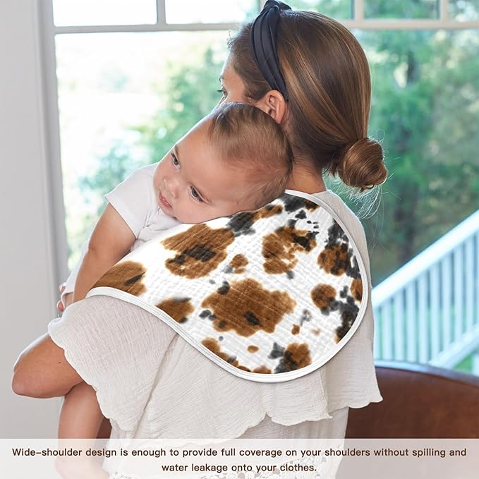 Muslin Burp Cloths for Baby Boys and Girls - 4-Pack Ultra Absorbent Black and Brown Cow Print Muslin Washcloths, Newborn Towel, Milk Spit Up Rags, Burp Cloth Bib for Unisex, 22 x 11 Inch