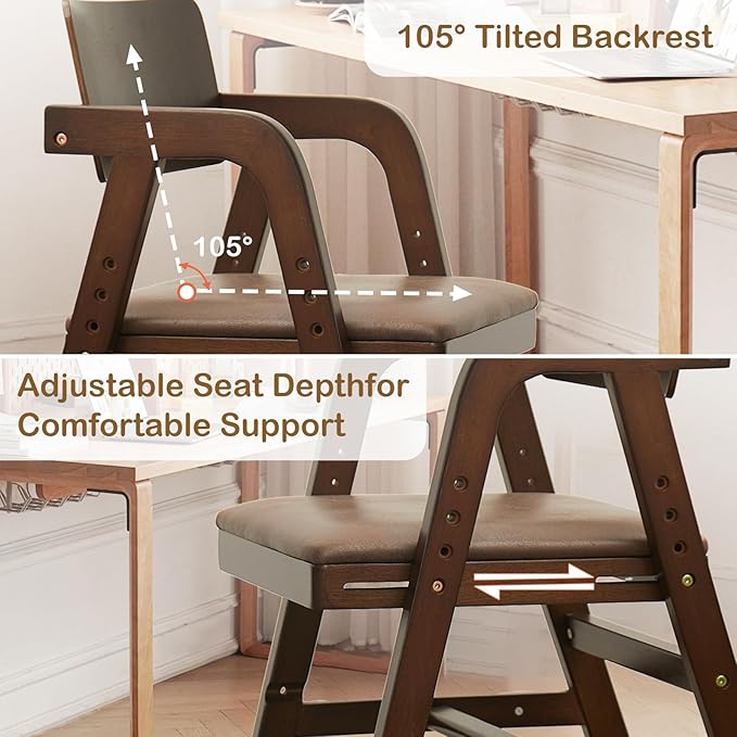 Solid Wood High Chair for Toddlers to Teens, Adjustable Height Toddler Dining Chair, Easy to Clean Toddler Highchair with PU Cushion for Dining, Studying, Step Stool, Walnut