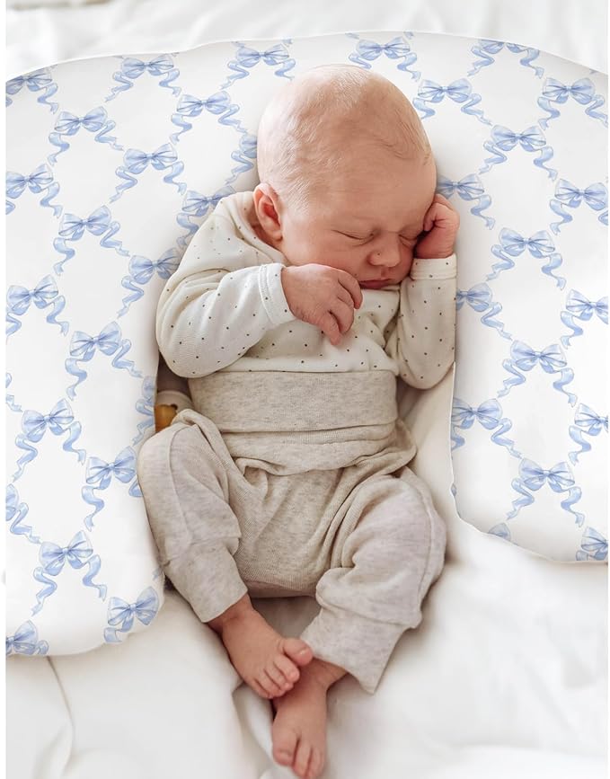 Blue Bows Ribbon Baby Nursing Pillow Covers for Boy Girl Pastel Blue Ribbons Nursing Pillow Slipcovers for Breastfeeding Pillows Watercolor Bows Soft Stretchy Removable Covers for Newborn Infant