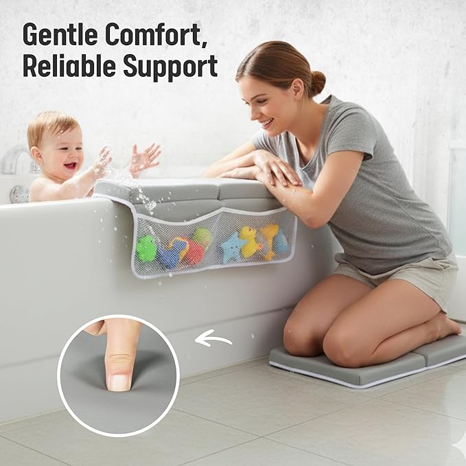 Bath Kneeler and Elbow Rest Pad Set – 26'' Extra Long 1.5” Thick Cushioned Kneeling Pad, Durable, Non-Slip Elbow Rest with Storage Pockets & 5 Bath Toys, Baby Bath Accessories Organizer