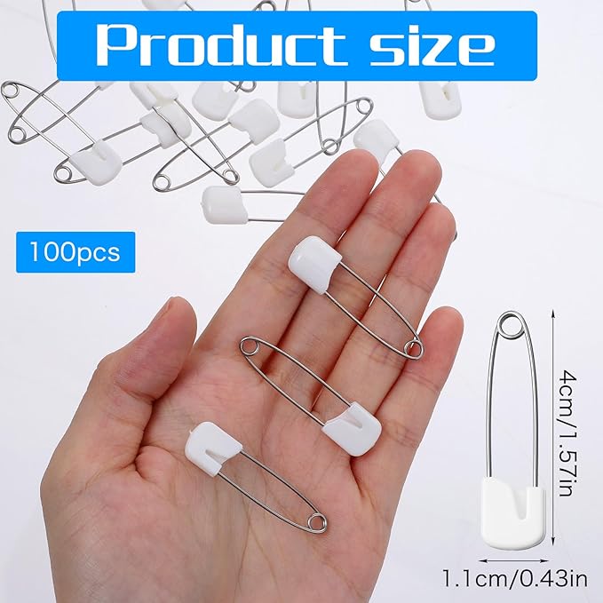 Xinjoduz 100 Pieces Diaper Pins for Cloth Diapers, 1.6 Inch Plastic Head Baby Safety Pins with Locking Closures Stainless Steel Large Diaper Nappy Pin Heavy Duty (White)