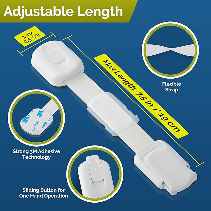 Child Safety Strap Locks (4 Pack) Baby Locks for Cabinets and Drawers, Toilet, Fridge & More. 3M Adhesive Pads. Easy Installation, No Drilling Required, White
