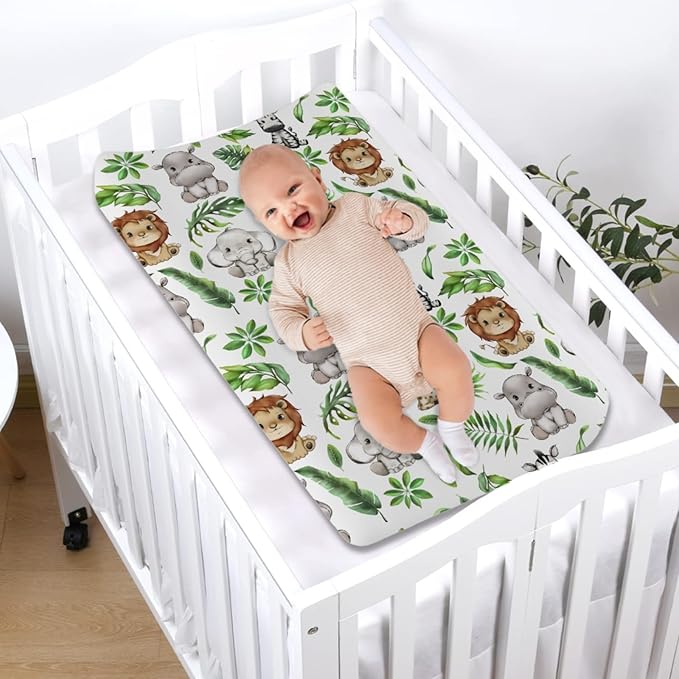 Tropical Jungle Safari Animals Leaves Changing Pad Covers Elephant Giraffe Zebra Lion Hippo Diaper Change Table Sheets for Girls Boys Soft Stretchy Snug Fitted Changing Mats Cover 32''x16''