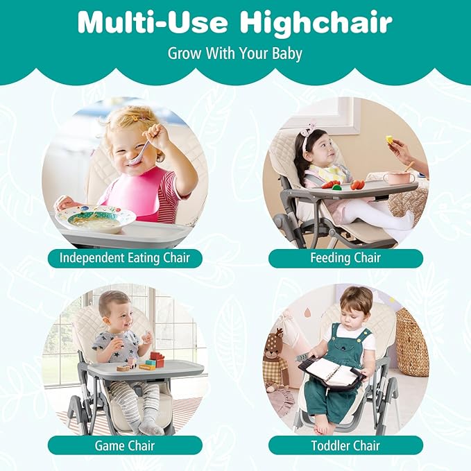 BABY JOY Foldable High Chair for Babies and Toddlers, Portable Adjustable Highchair with Footrest, Detachable Tray, Easy to Clean PU Seat Cushion, 5-Point Safety Belt and Built-in Wheels (Beige)
