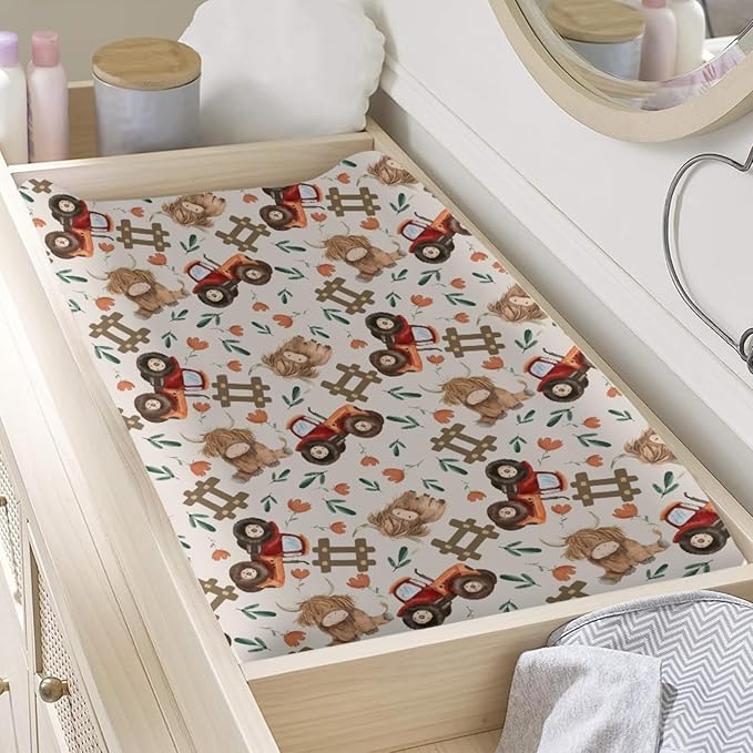 Cartoon Highland Cow Tractor Flowers Floral Leaves Pattern Baby Changing Pad Cover, Unisex Farm Animals Nursery Diaper Changing Table Pad Mat Sheet for Boys Girls-16x32