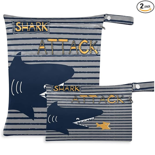 visesunny Black Shark Eatting Fish Stripe 2Pcs Wet Bag with Zippered Pockets Washable Reusable Roomy for Travel,Beach,Pool,Daycare,Stroller,Diapers,Dirty Gym Clothes, Wet Swimsuits, Toiletries