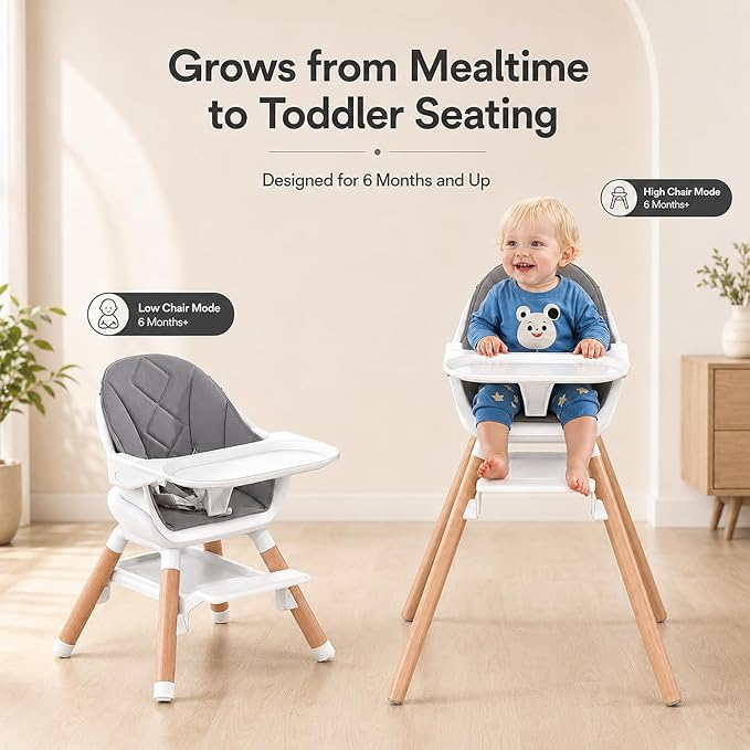 Baby High Chair, 6 in 1 Convertible High Chairs for Babies and Toddlers, Easy Clean Highchair with Removable Double Tray, 5-Point Harness, Reversible Footrest, Beech Wood Legs, Grey