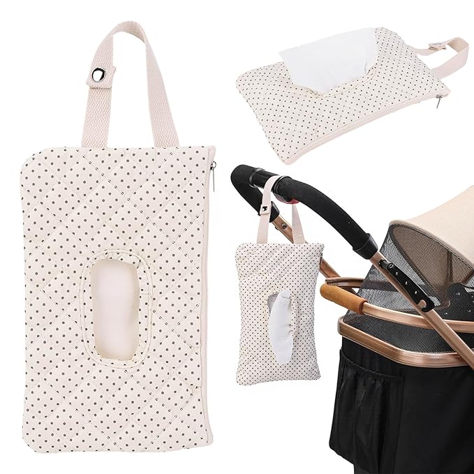 Quilted Baby Wipe Holder, Canvas Floral Quilted Pouch with Hanging Strap, Portable Diaper Wipe Holder for Travel Stroller-Polka Dots