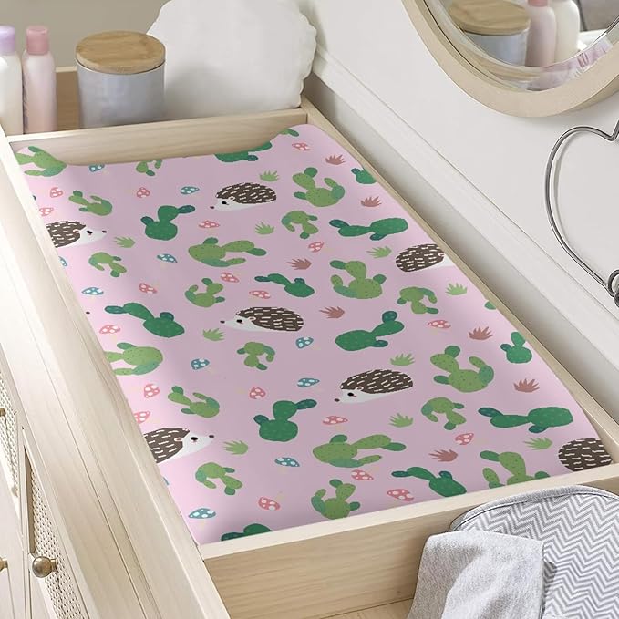 GOSTONG Hedgehog Cactus Print Baby Changing Pad Cover for Boys Girls Cozy Breathable & Washable Stretchy Fabric Diaper Table Cover Sheets, Fit 32x16 Inches Changing Mat