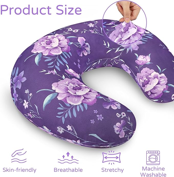 Nursing Pillow Cover, Breastfeeding Pillow Cover for Baby Girls Boys, Soft Stretchy Nursing Pillowcase for Infant Newborn, Removable Slipcover for Nursing Pillows, Purple Floral(Only Cover)