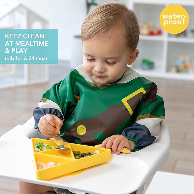 Bumkins Nintendo The Legend of Zelda Sleeved Bib and Snack Bag Set – Waterproof Feeding Bib for Ages 6–24 Months and Reusable Sandwich and Snack Bags for Kids 3+