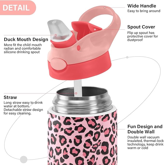 Purple Cheetah Kids Water Bottle with Straw and Carry Handle Leopard Vacuum Insulated Stainless Steel Bottles Leak-Proof for Boys Girls Toddler 12 oz Pink Lid