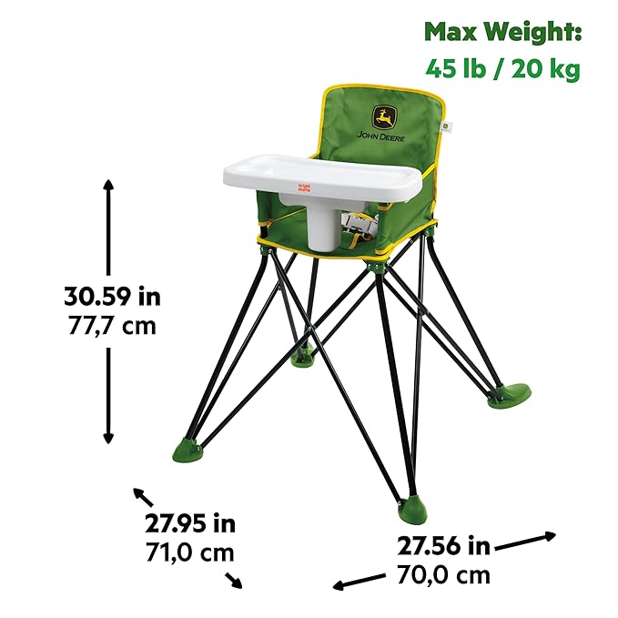 Bright Starts John Deere Pop 'N Dine Portable High Chair, Indoor/Outdoor, Dishwasher Safe Tray, Easy to Fold, Unisex, Green, 6 Months +