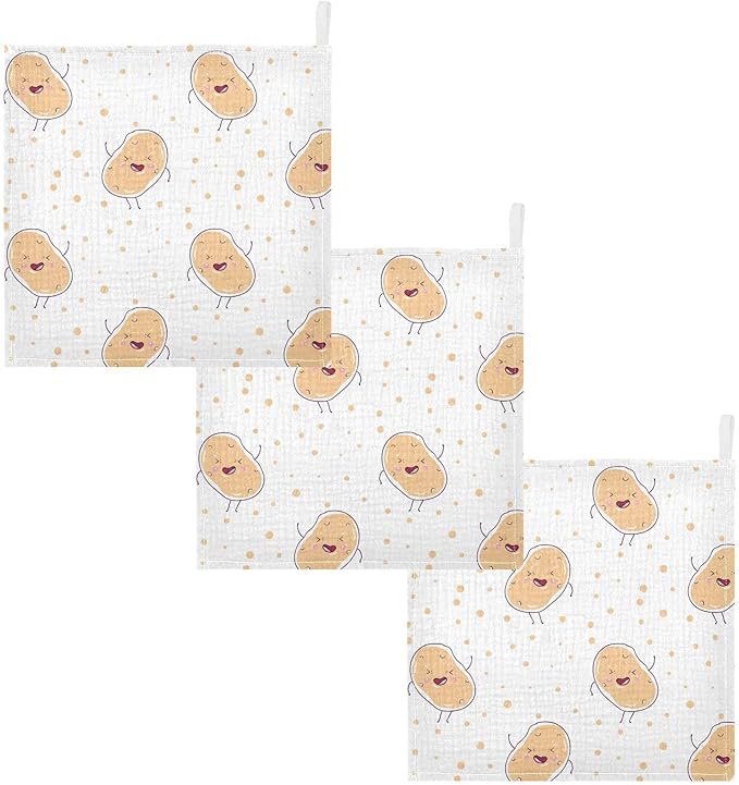 vvfelixl Baby Muslin Washcloths Kawaii Potatoes Baby Burp Cloths Cotton Baby Face Towel for Newborn Infants Boys Girls Soft and Absorbent 11.8 X 11.8 in, 3 Pack
