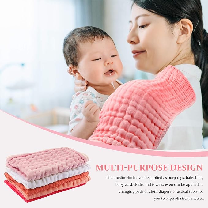 Hicarer 6 Pcs Girl Muslin Burp Cloths Cotton Burping Spit Rags Large 20 x 10 Inch 6 Layers Newborn Soft Absorbent Multicolor Wash Cloths Diapers for Baby Shower(Pink Series)