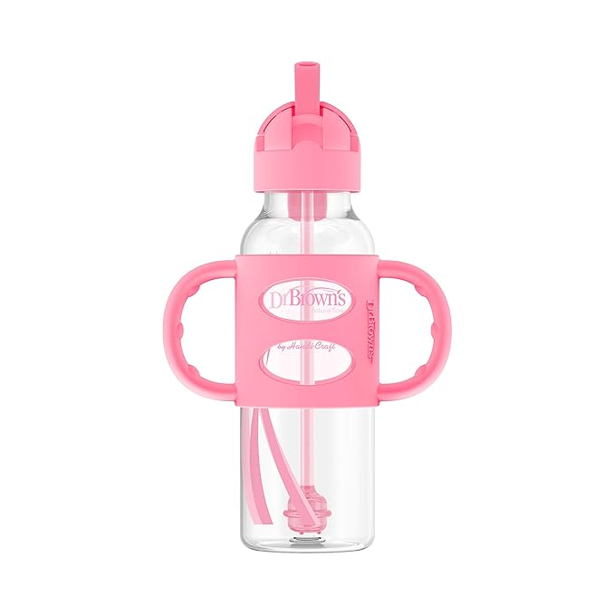 Dr. Brown's Milestones Narrow Sippy Bottle with 100% Silicone Handles, Easy-Grip Bottle & Milestones Narrow Sippy Straw Bottle with 100% Silicone Handles, 8oz/250mL, Pink, 1 Pack