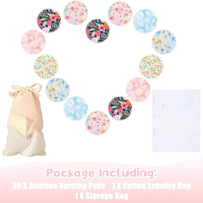 Sosation 30 Pcs Reusable Breast Pads Nursing Covers with Wet and Laundry Bag Floral Nipple Pads for Breastfeeding Mom Gift