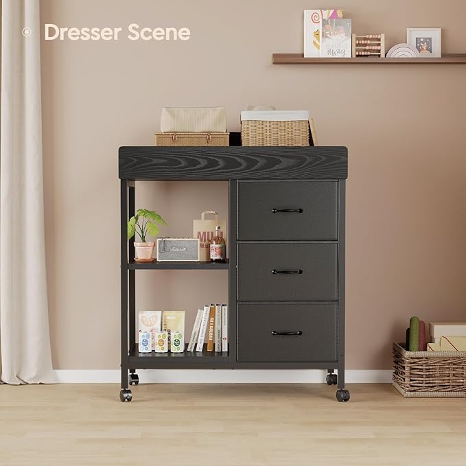 YeTom Changing Table Dresser, Baby Dresser with 3 Fabric Drawers and 2 Shelves, Multi-Functional Baby Changing Table with Pad, Classic Nursery Dresser, Diaper Changing Station for Nursery, Black