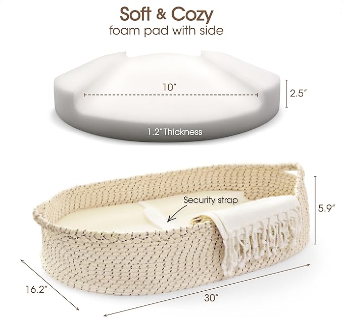 Baby Changing Basket - Soft & Waterproof Dual-Cover, Portable, Moses Basket, Changing Pad for Dresser & Changing Table, Gift for Baby Shower, Organic Cotton Rope
