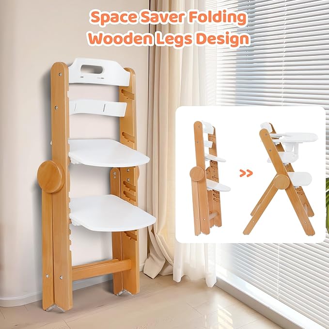 Ezebaby Wooden High Chair for Babies and Toddlers, Foldable High Chair with Adjustable Seat Height and Footrest, Grows with Your Child, Cushion and Large Double Layer Tray(White)