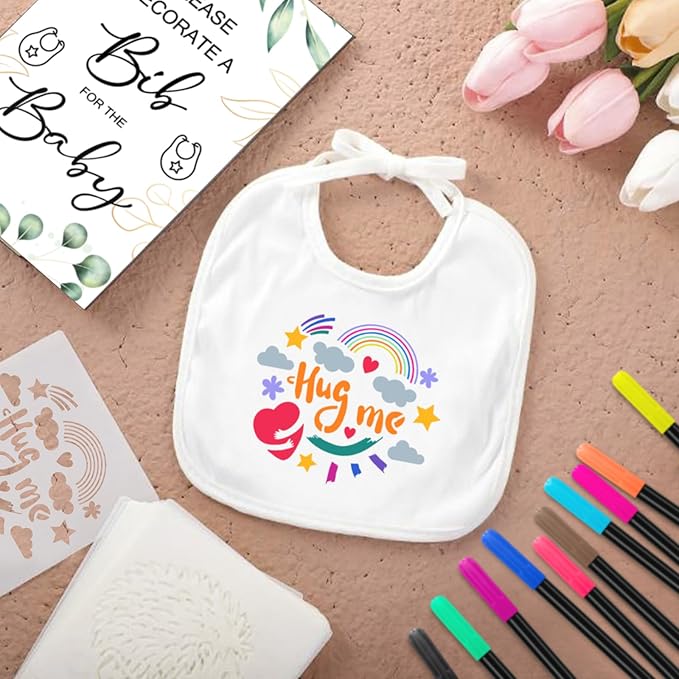 SytuHe 95 Pcs DIY Baby Bibs Decorating Kit50 White Bibs 24 Stencils 20 Fabric Markers 1 Baby Shower Game Sign