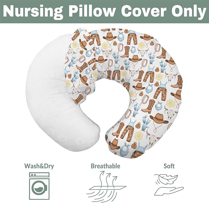 Blue Western Cowboy Baby Nursing Pillow Covers for Boy Cowboys Boots Hat Horse Cactus Sun Cow Skulls Nursery Slipcover for Breastfeeding Pillows Wild West Soft Stretchy Cover for Newborn Infant