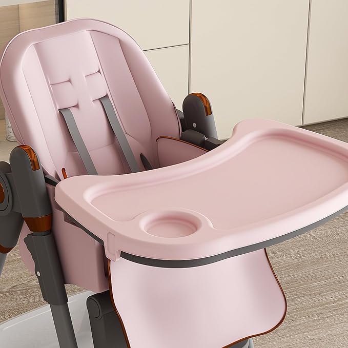 Portable High Chair, High Chairs for Babies and Toddlers, Adjustable Baby Chair, 5 Height & 3 Recline Adjustable Locking Wheels with Removable Double Tray and Safety Belt, Pink