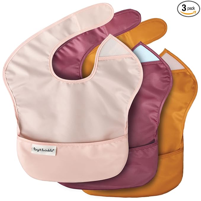 Tiny Twinkle Mess-Proof Baby Bibs for Eating | Waterproof, Wipeable Toddler Bibs with Catch-All Pocket | Feeding Bibs for Girls & Boys(3 Pack,Blush, Burgundy)