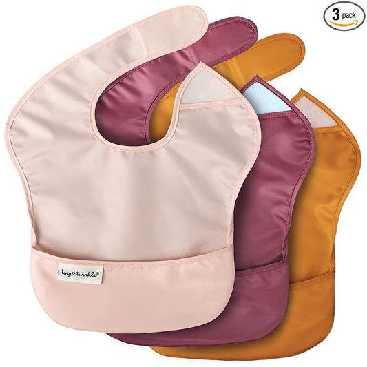 Tiny Twinkle Mess-Proof Baby Bibs for Eating | Waterproof, Wipeable Toddler Bibs with Catch-All Pocket | Feeding Bibs for Girls & Boys(3 Pack,Blush, Burgundy)