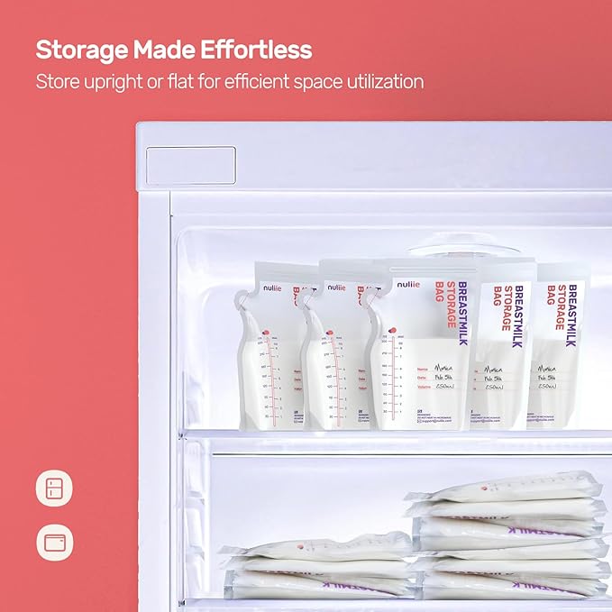 Nuliie 300 Pcs Breastmilk Storage Bags Freezer, 8 OZ Breast Milk Storing Bags, BPA-Free, Milk Storage Bags with Pour Spout for Breastfeeding, Self-Standing Bag, Space Saving Flat Profile