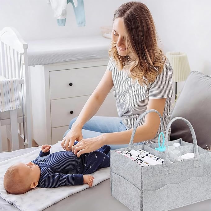 2 Pack Diaper Caddy Organizer, Portable Baby Caddy Organizer with Handle, Collapsible Nursery Storage Bin and Gift Baskets for Girls and Boys - Newborn Essentials, Baby Shower Gifts (Gray)