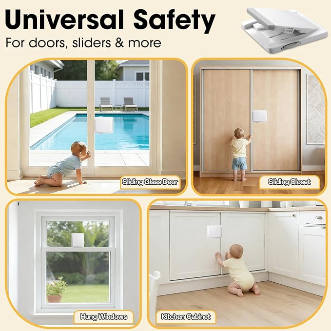 Sliding Door Child Lock Safety: 4-Pack for Glass Doors, Balcony, Windows & Closets, 3-Second No-Drill Install, Durable Baby Proofing Stopper for Kids & Toddlers (Ages 0-4)
