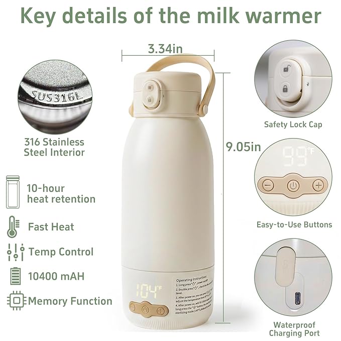 Portable Bottle Warmer for Travel, Fast Heating Milk Warmer On The Go,Temp Control 95°F -131°F,17 OZ Water Warmer for Breast Milk,Long-Lasting Keep Warm Function