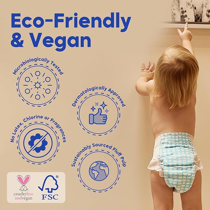 Kim & Kimmy Eco Diapers, Size 2, 9-18 lbs, 72 Diapers - 12 Hour Leak Protection, No Rashes, Hypoallergenic, Ultra-Soft & Highly Absorbent - Cruelty Free & Vegan - Funny Icons