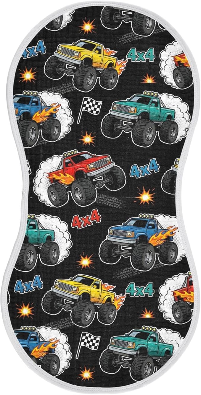 1 Pack Muslin Burp Cloths Monster Truck Black Print Cotton Baby Burp Cloths Absorbent Soft Burping Cloth Washcloths for Newborn Babies 22x11 Inch