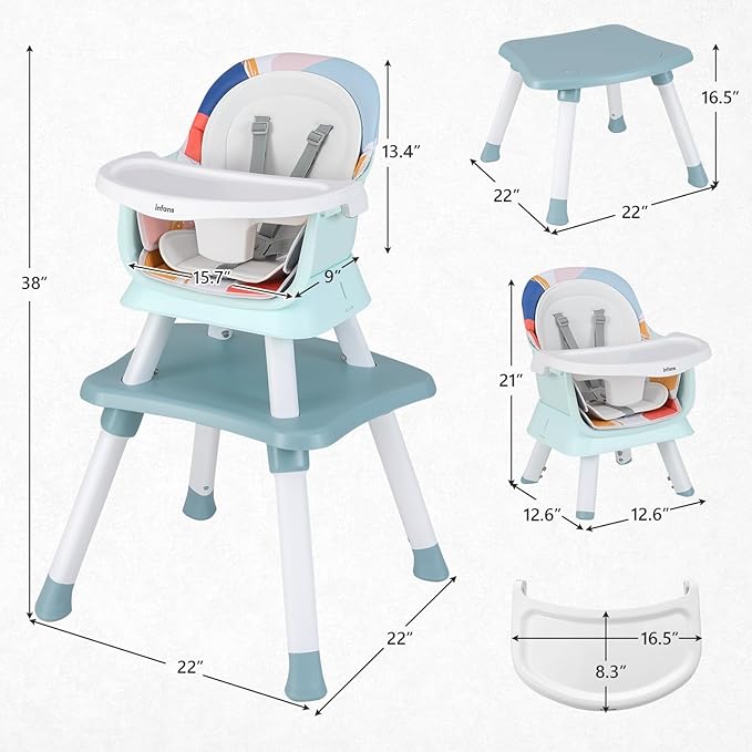 INFANS 8 in 1 Baby High Chair, Convertible Highchair for Babies and Toddlers, Infant Dining Booster Seat, Building Block Table, Kids Stool Table Chair Set with Removable Tray