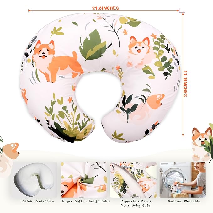 Cloele Nursing Pillow Cover for Breastfeeding Pillows - Dog Breastfeeding Pillow Slipcovers for Baby Boys & Girls Ultra Soft Infant Nursing Pillowcase for Newborn - Dog and Green Leaf