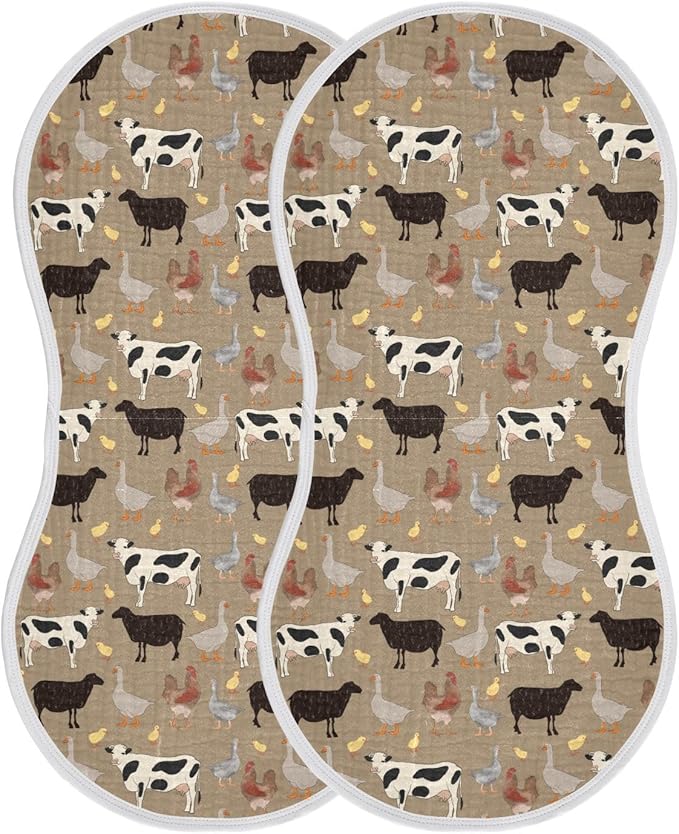 Muslin Burp Cloths for Baby Boys and Girls - 2-Pack Ultra Absorbent Farm Animals Muslin Washcloths, Newborn Towel, Milk Spit Up Rags, Burp Cloth Bib for Unisex, 22 x 11 Inch