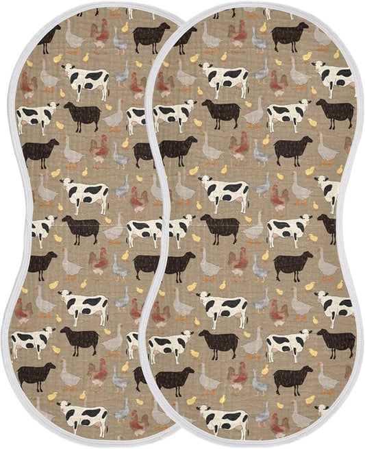Muslin Burp Cloths for Baby Boys and Girls - 2-Pack Ultra Absorbent Farm Animals Muslin Washcloths, Newborn Towel, Milk Spit Up Rags, Burp Cloth Bib for Unisex, 22 x 11 Inch
