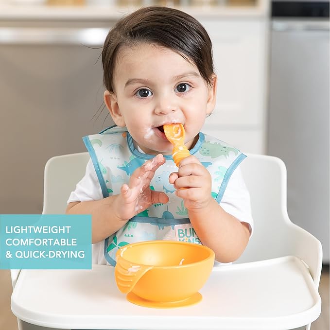 Bumkins Bibs, for Baby Girl or Boy, Infant 3-9 Months,Essential Must Have for Eating, Feeding, Baby Led Weaning, Mess Saving Waterproof Soft Fabric, Starter Bib 2-pk Blue Tropic and Dinosaurs